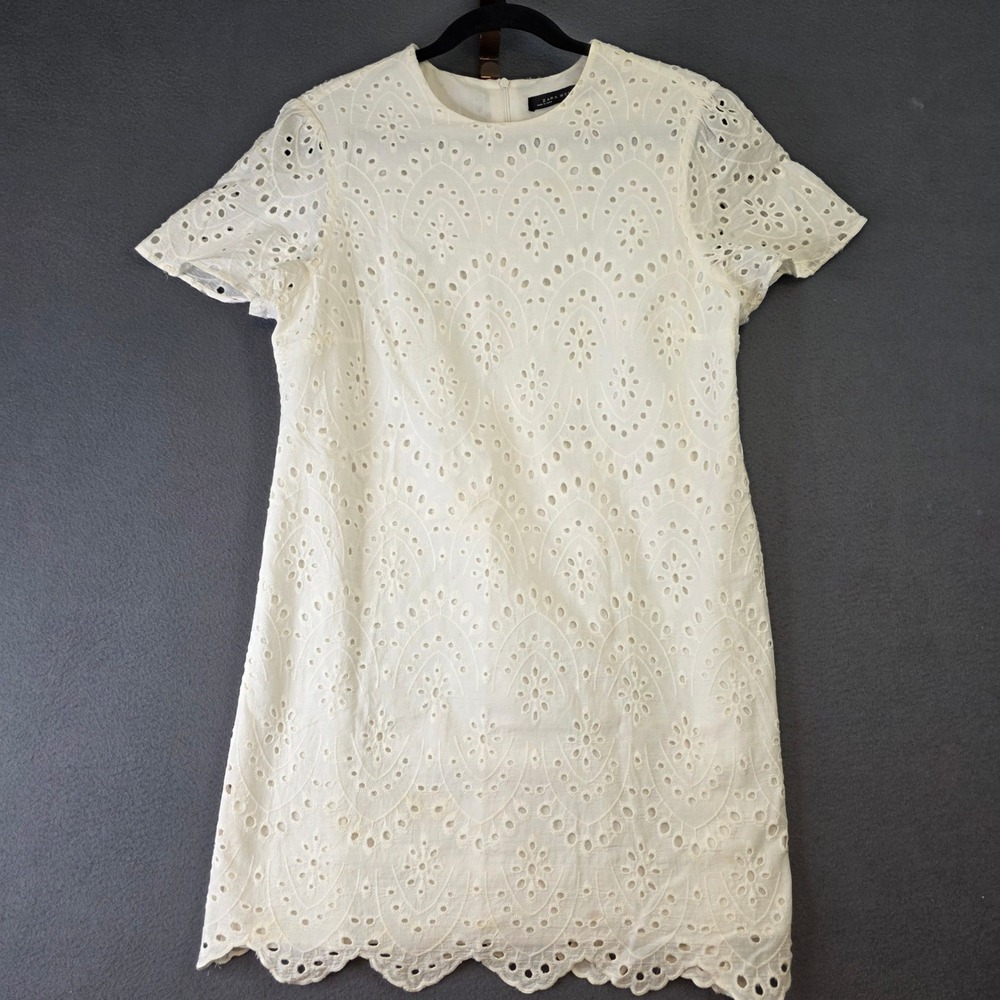 Zara‎ Woman White Eyelet Lace Short Sleeve Shift Dress Size L Scalloped Hem